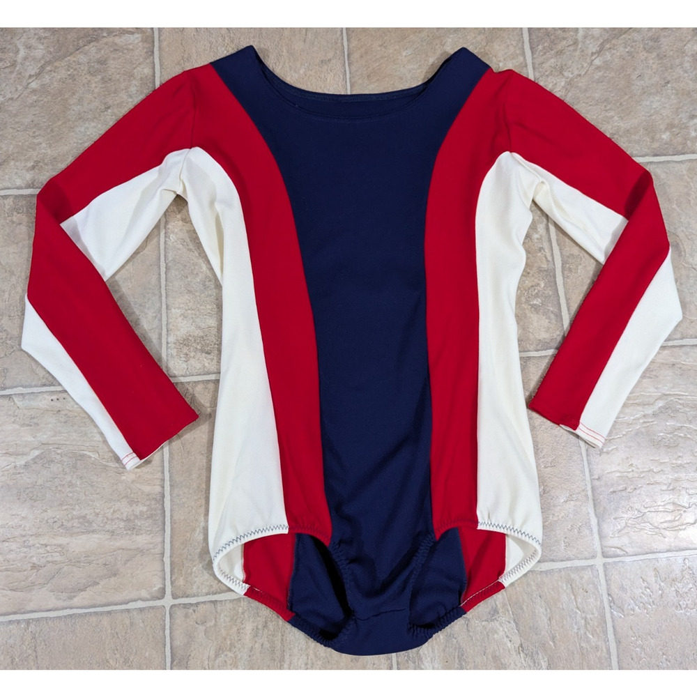 Vintage Danskin sz L Leotard one piece striped red blue & off white 1031
